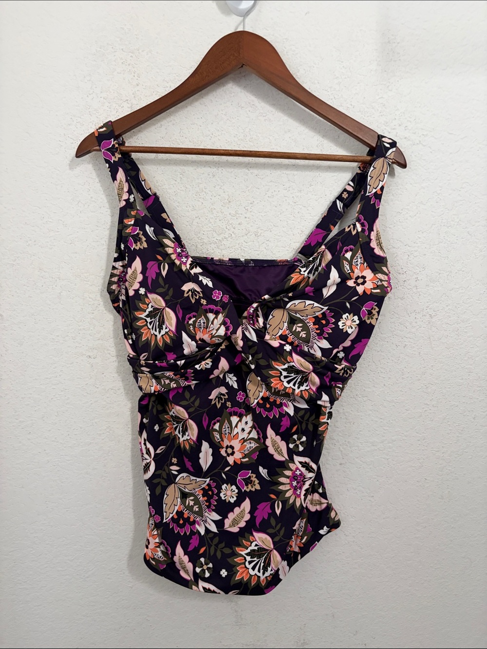Lands’ End Women’s 12 DDD Purple Floral Underwire Swim Tankini Top Ruched